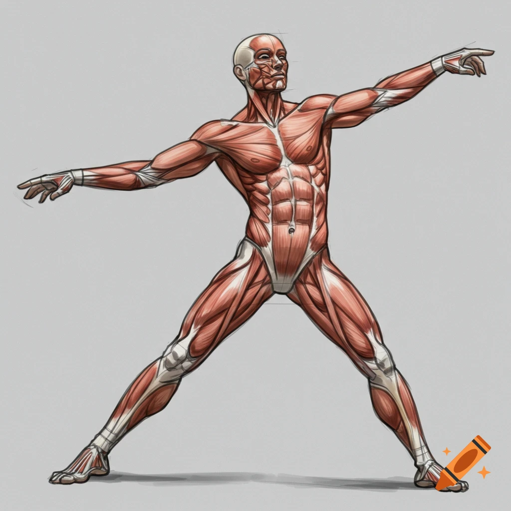 Detailed anatomical drawing of a male figure showing muscle structure, standing with arms outstretched and one hand pointing.