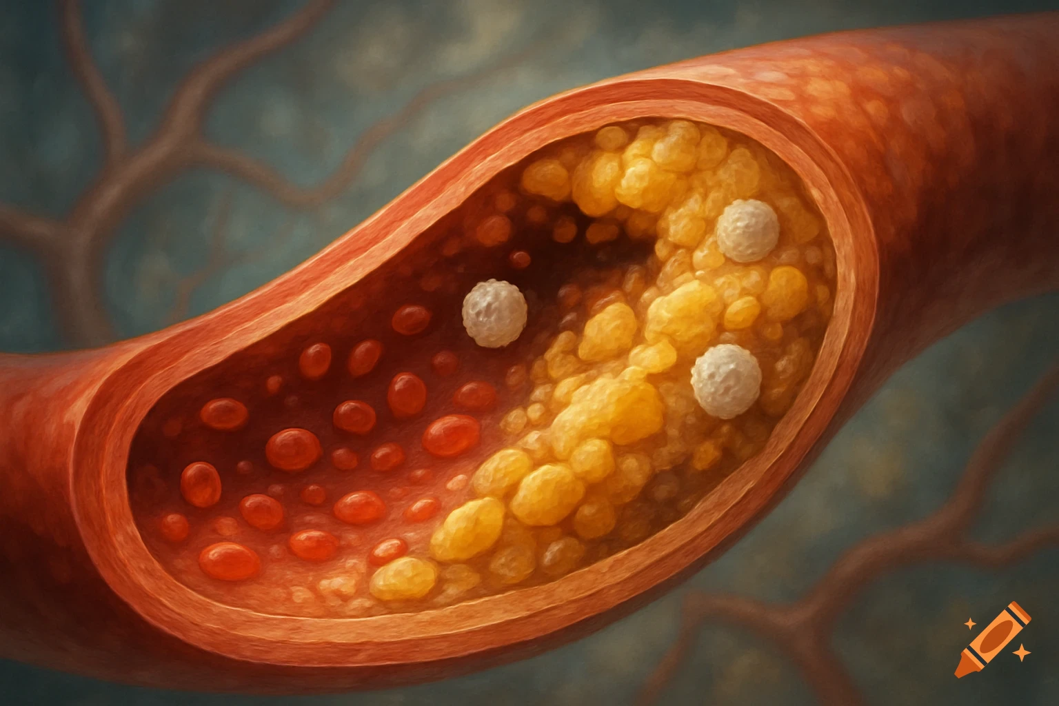 Cross-section of an artery showing atherosclerosis with yellow plaque, red blood cells, and white blood cells in a medical illustration.
