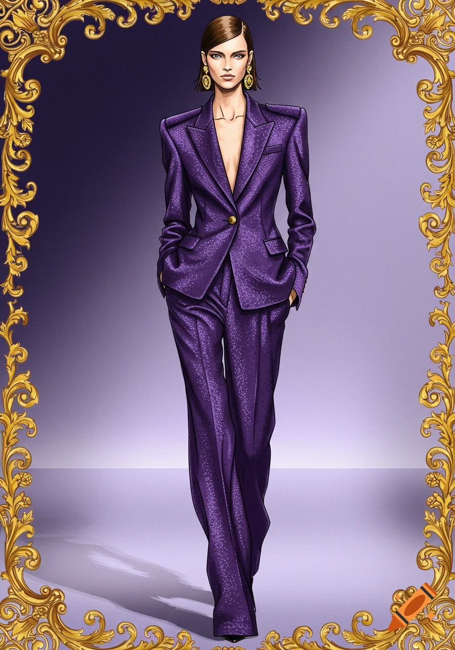 Fashion illustration of a woman in a shimmering purple power suit, framed by golden baroque patterns.