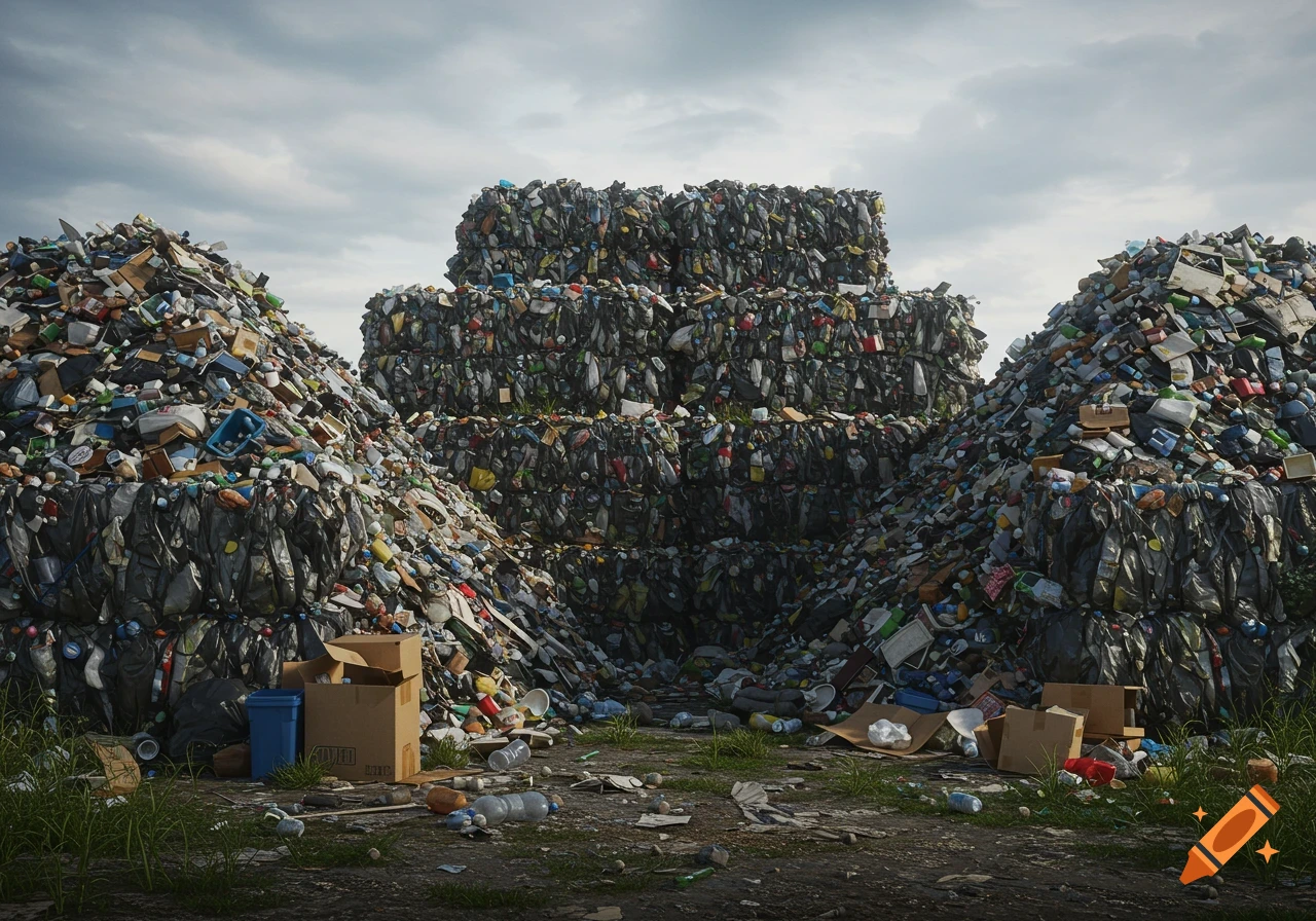 Photorealistic image of massive piles of baled and loose garbage under a cloudy sky.