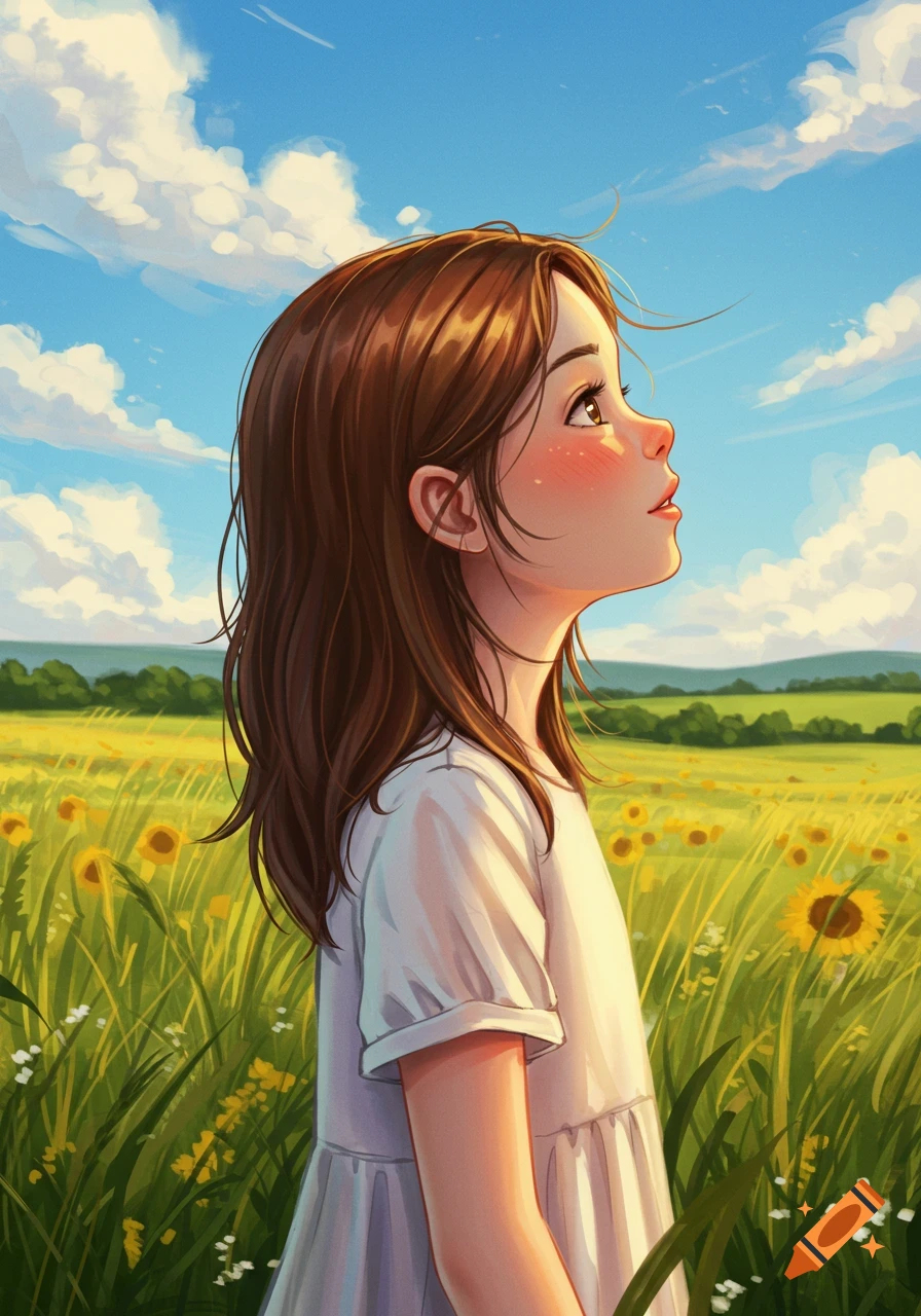 Anime-style illustration of a young girl with brown hair looking up in a sunflower field under a blue sky.