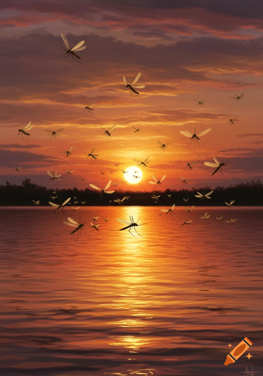 Mosquitoes swarm over a calm lake at sunset, with golden and orange light reflecting on the water.