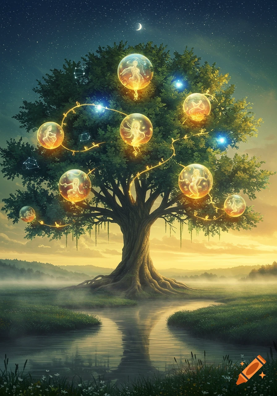 A fantastical tree with glowing orbs depicting abstract figures and constellations, standing by a river under a starry, crescent moonlit sky.
