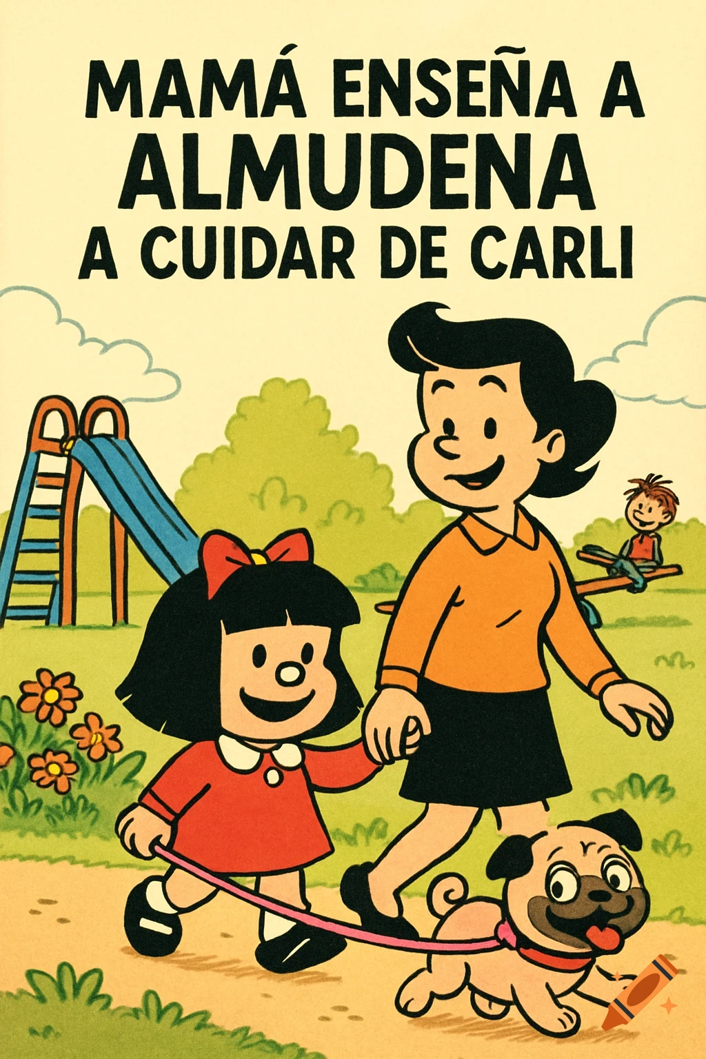 A cartoon mother and daughter in Mafalda style walk a pug dog on a leash through a park. Title reads 'Mam ense a a Almudena a cuidar de Carli'.