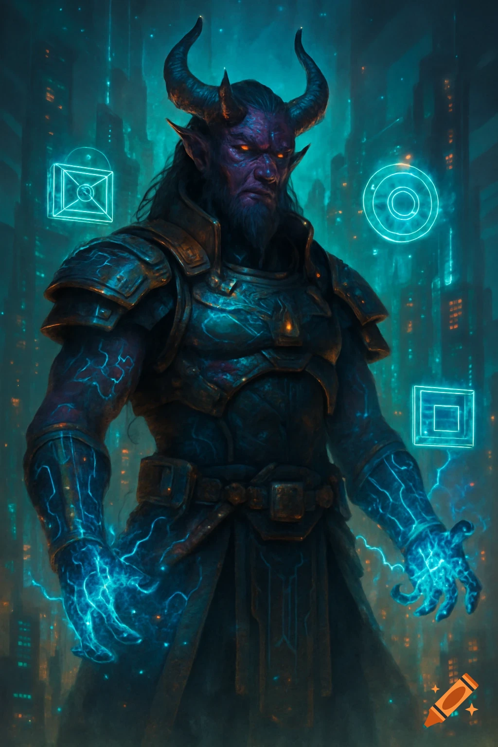 A purple-skinned horned demon in futuristic armor with glowing red eyes and blue energy hands, stands in a neon-lit cyber city.