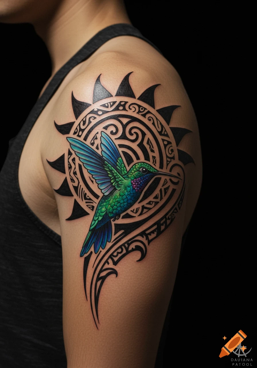 A vibrant green and blue hummingbird tattoo over black Polynesian tribal sun and swirl patterns on a person's shoulder.