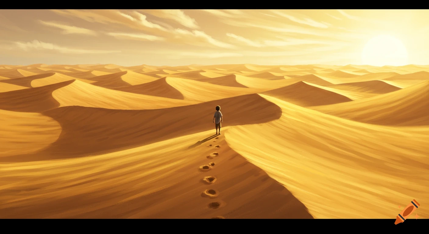 A boy walks barefoot, leaving footprints on golden desert dunes under a bright, sunny sky.