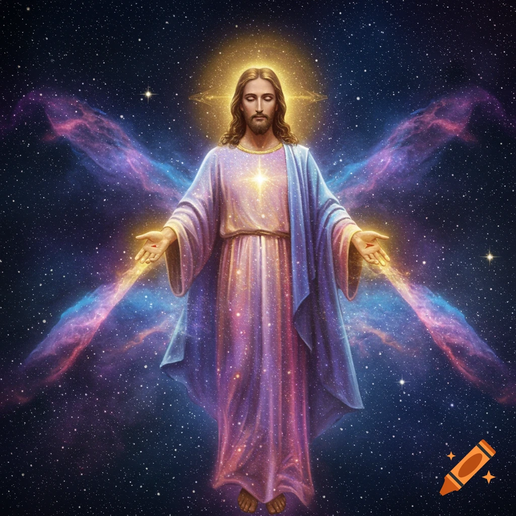 Jesus Christ with outstretched hands and flowing robes, glowing amidst a vibrant starry galaxy and colorful nebulae.