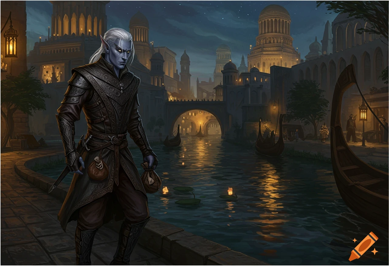 A white-haired Dunmer rogue in dark Netch Leather armor walks by canals of Vivec city at night, holding pouches.