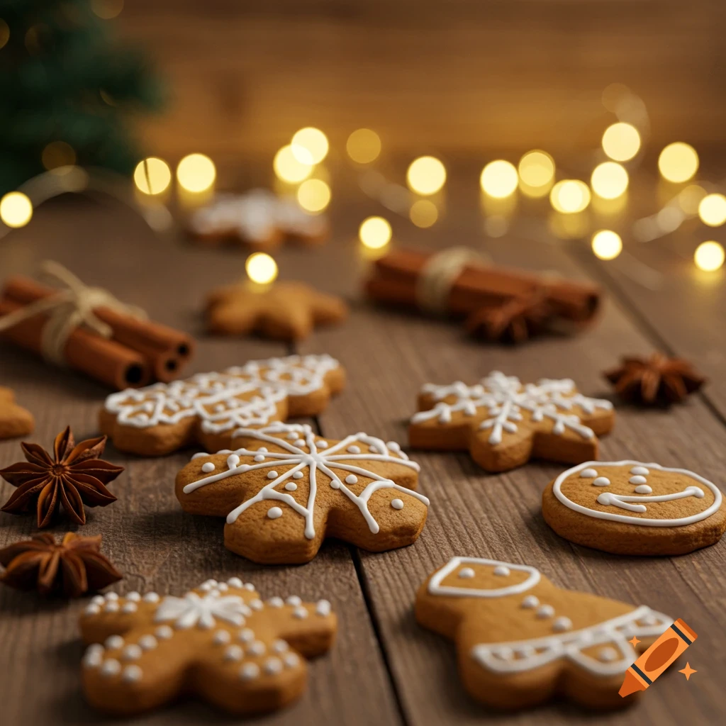 Decorated gingerbread cookies and spices on a wooden table with blurred string lights in the background.