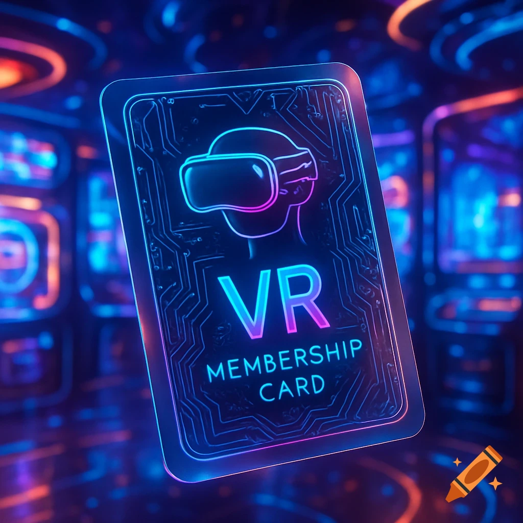 A glowing neon virtual reality membership card with a VR headset icon and circuitry, set in a futuristic digital environment.