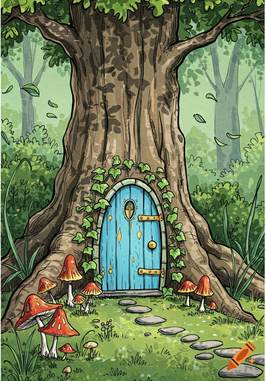 Whimsical illustration of a blue fairy door in a large tree trunk, surrounded by red mushrooms and green forest foliage.