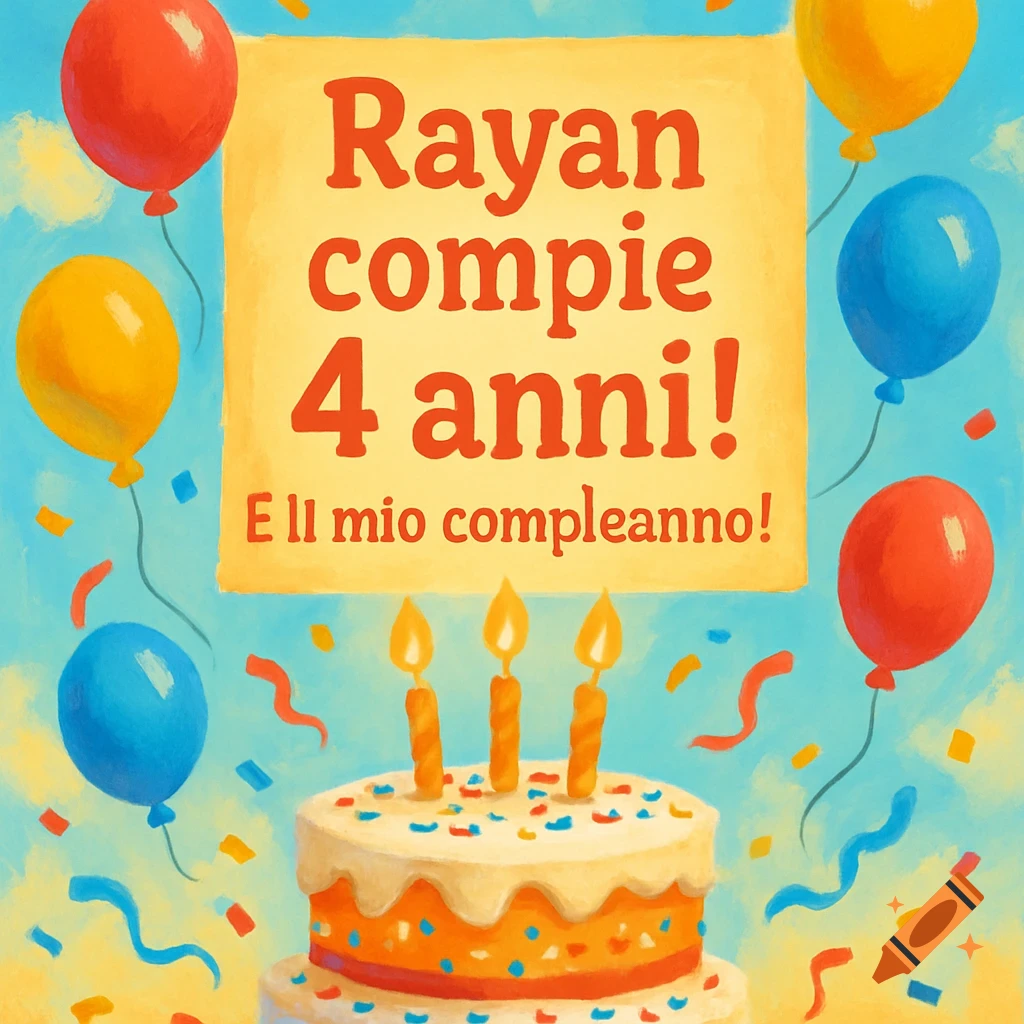 Colorful birthday illustration with a cake, three lit candles, balloons, confetti, and a yellow sign featuring birthday text.