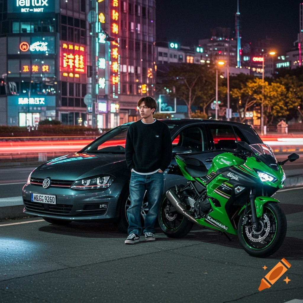 A man in a black sweater and jeans stands between a dark gray VW Golf and a bright green Kawasaki Ninja motorcycle at night, with neon-lit city buildings in the background.