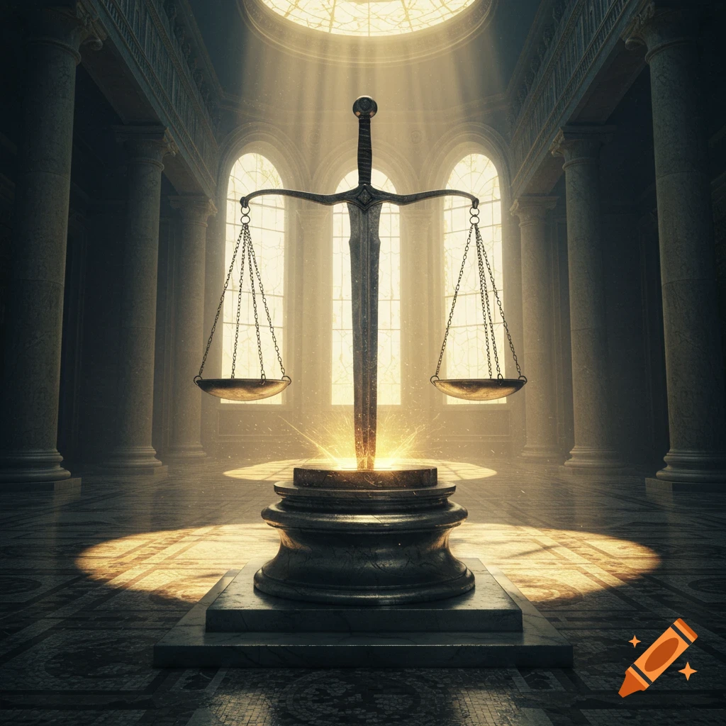 A sword with scales of justice stands in a grand, sunlit hall with columns and large windows, dramatic light rays from above.