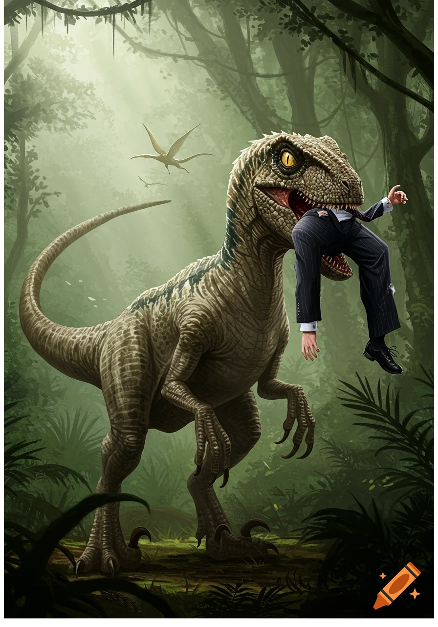 A raptor dinosaur in a jungle carrying the lower body and arms of a businessman in its mouth, in an illustrative style.