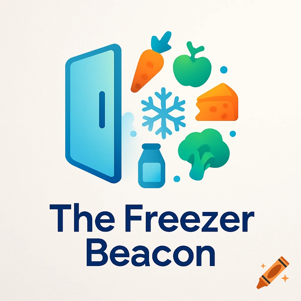 Logo for 'The Freezer Beacon' app featuring a stylized blue refrigerator, snowflake, and food icons like carrot, apple, cheese, broccoli, and milk.
