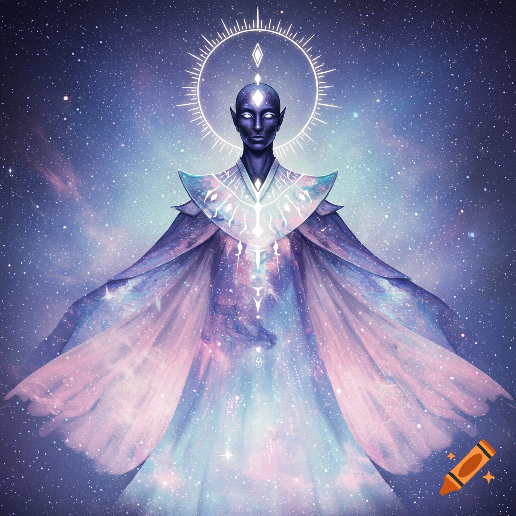 Ethereal dark-skinned alien with glowing eyes and pointed ears, wearing ornate cosmic robes against a starry background.