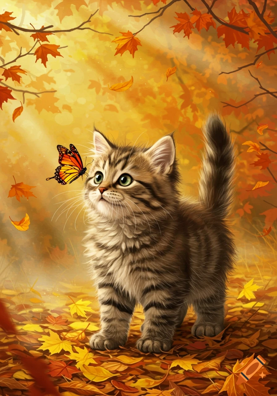 A fluffy tabby kitten with green eyes looks up at an orange butterfly amidst golden autumn leaves in a sunlit forest, digital art.