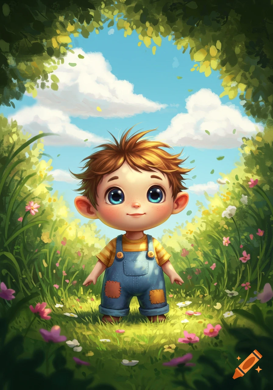 A cute cartoon boy in overalls stands in a vibrant, whimsical meadow with flowers and green foliage under a blue sky.