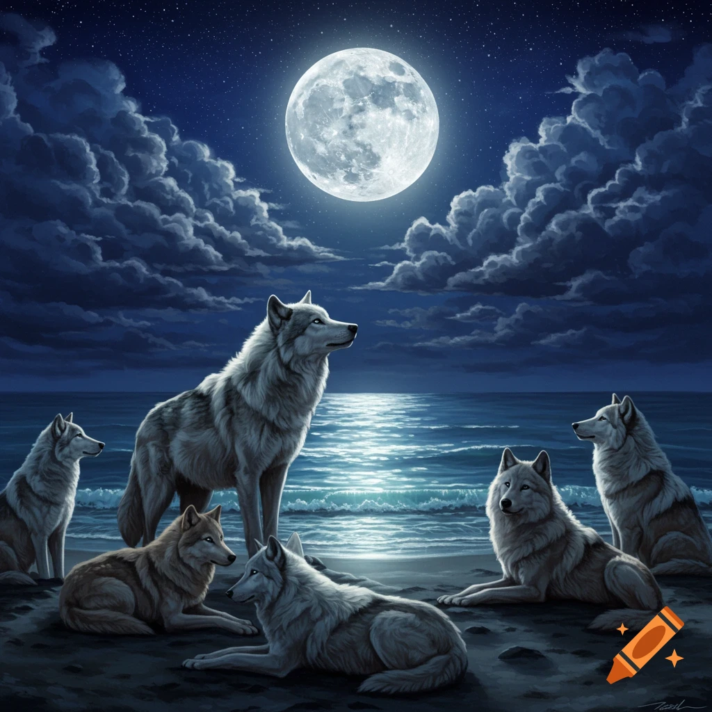 A pack of wolves on a moonlit beach, looking at a large full moon reflecting on the ocean waves.