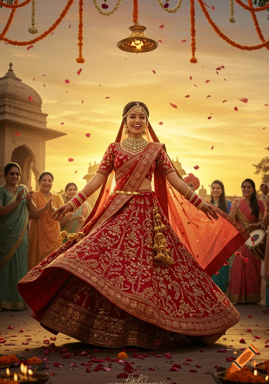 Joyful Indian bride twirling in a red lehenga with traditional jewelry in a decorated courtyard at sunset.