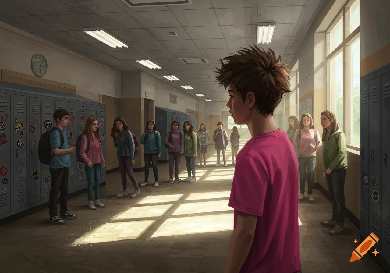 A boy in a pink shirt stands alone in a school hallway while other students observe him, in a digital illustration.