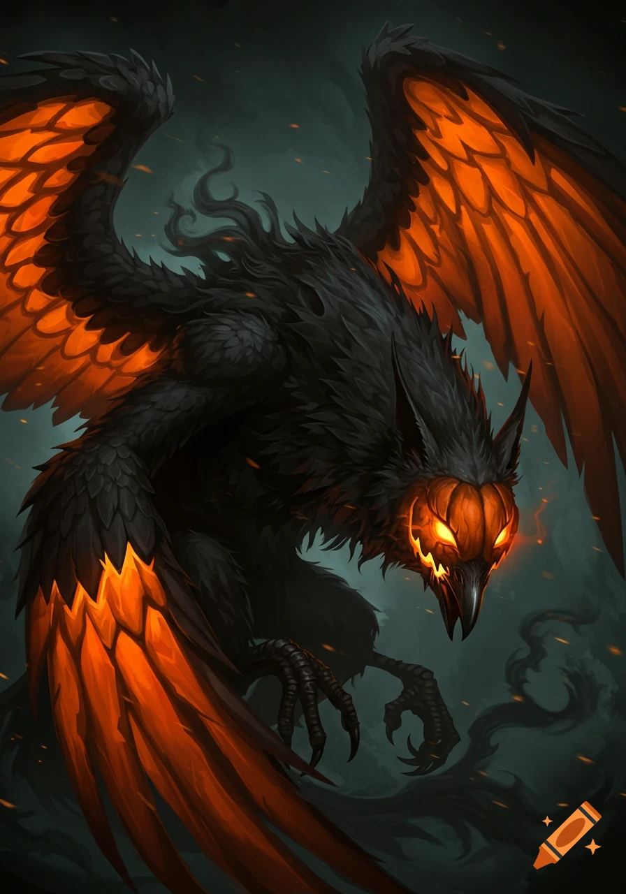 A dark, feathered raven-like monster with glowing orange pumpkin head and wings, in a smoky, dark setting.