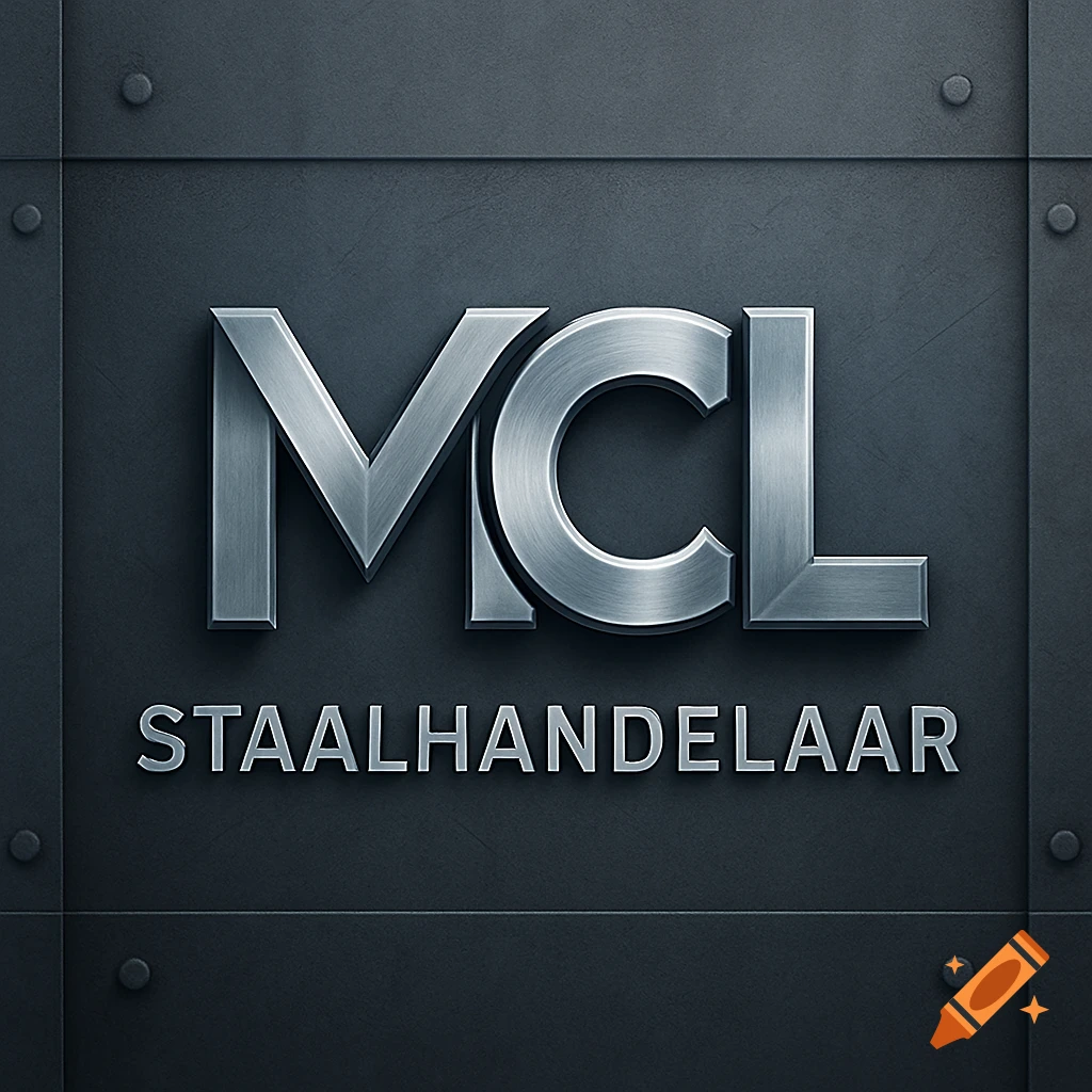A metallic logo for "MCL STAALHANDELAAR" on a dark, riveted metal background.