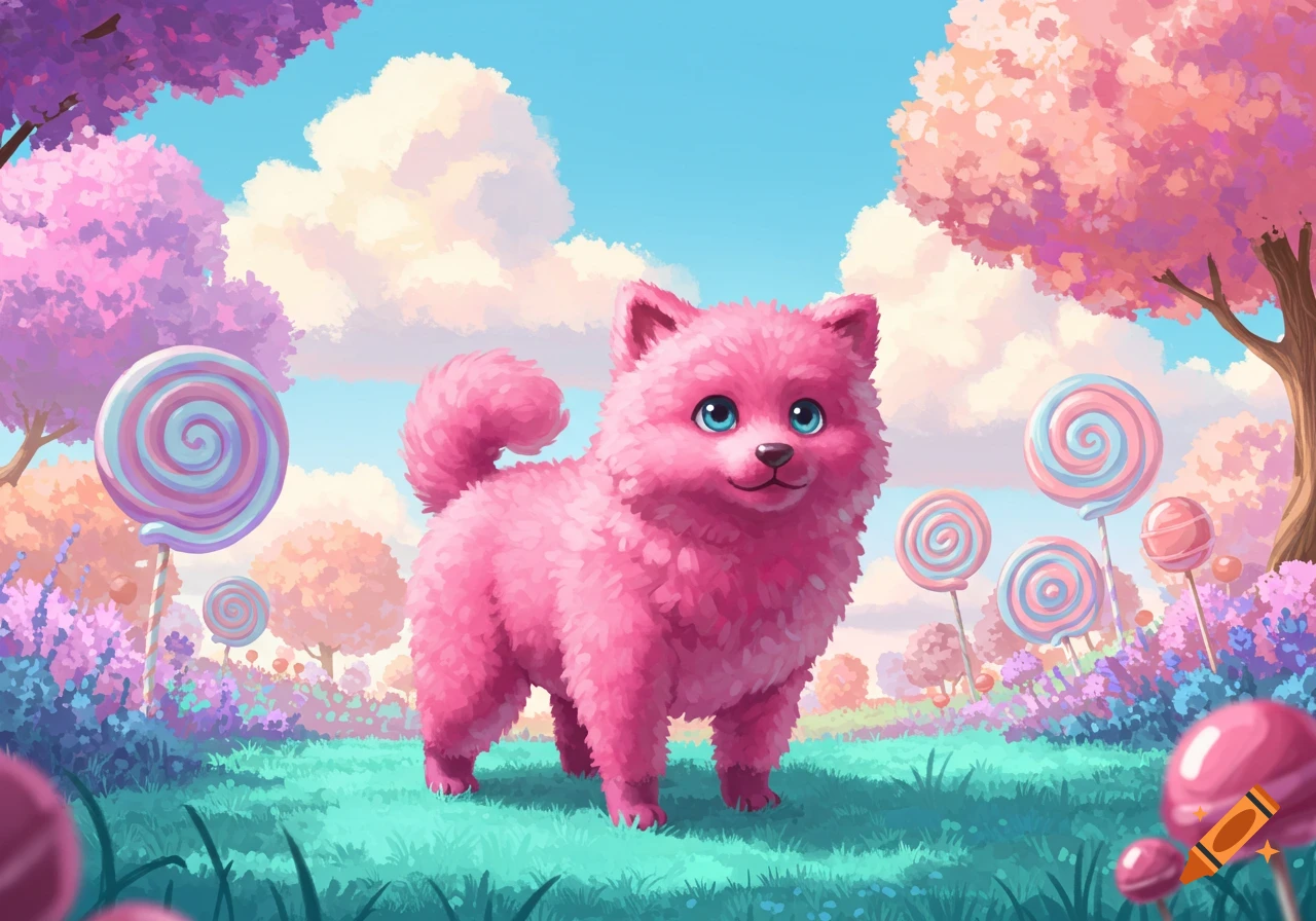 A cute fluffy pink dog with blue eyes stands in a whimsical candy land with large lollipops and pastel trees.