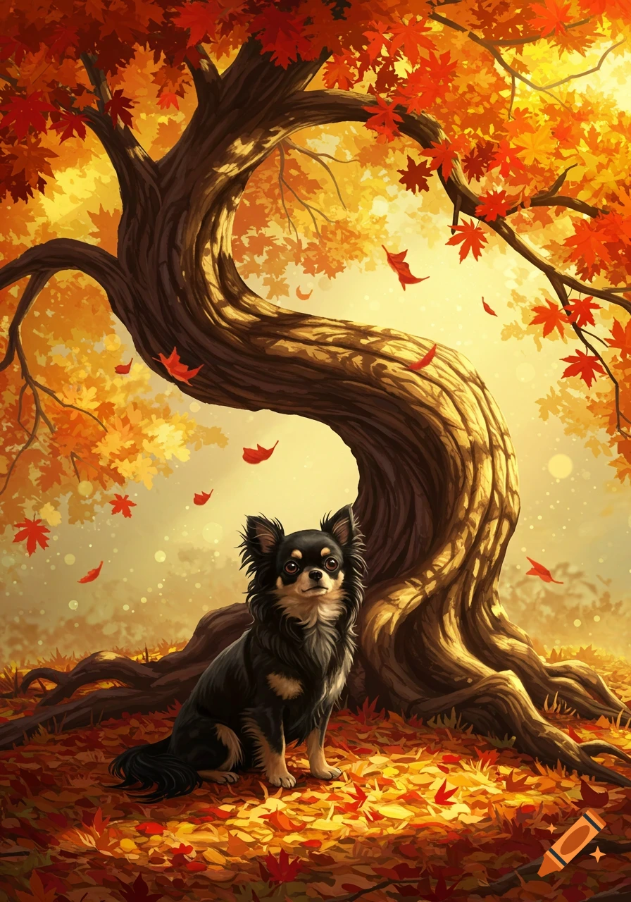 A long-haired black Chihuahua dog sits on a bed of red and orange autumn leaves under a large, gnarled tree with vibrant foliage. Stylized illustration.