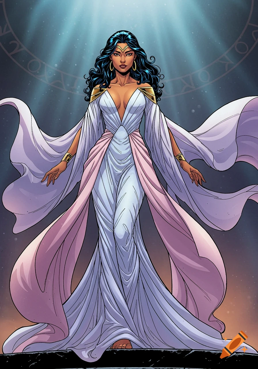 A dark-haired woman in a flowing white and pink gown, standing heroically in a vibrant comic book illustration style with a mystical background.