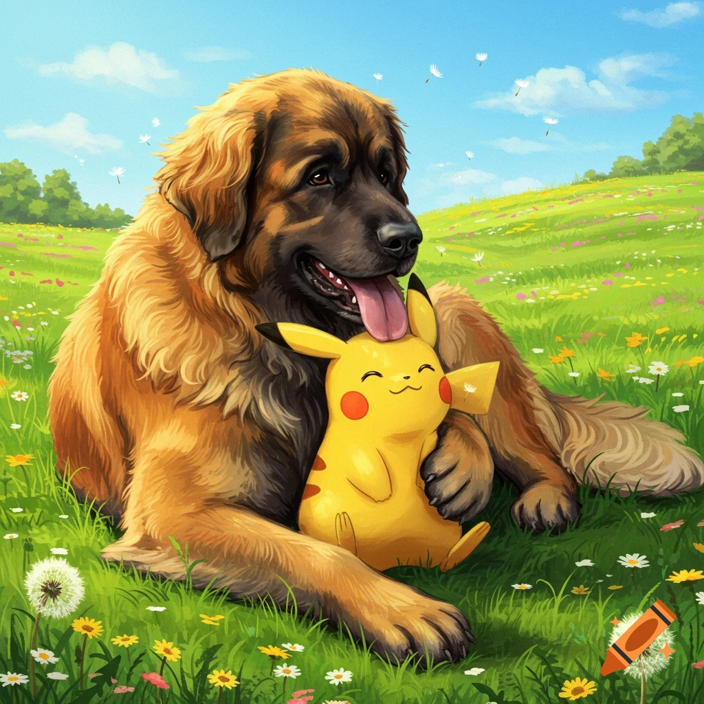 A Leonberger dog licks and cradles a yellow Pikachu in a vibrant green field with flowers under a blue sky, digital art.