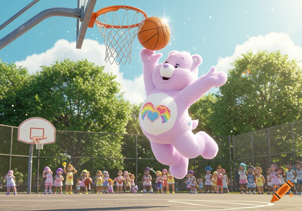 A fluffy purple Care Bear jumps high to dunk a basketball on an outdoor court, cheered on by a crowd of children. 3D render.