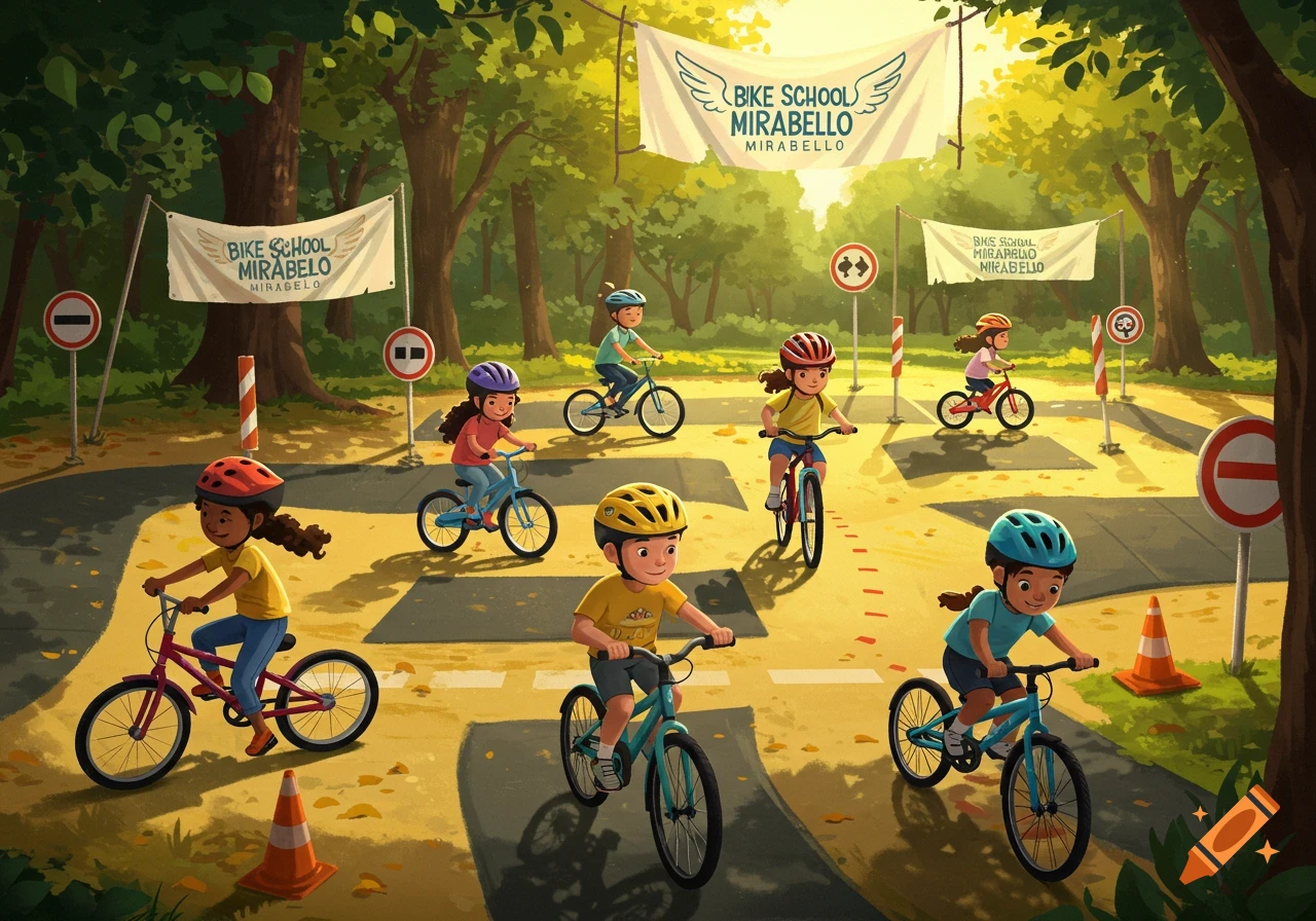 Cartoon illustration of diverse children riding bikes at a 'Bike School Mirabello' in a sunny park with trees.