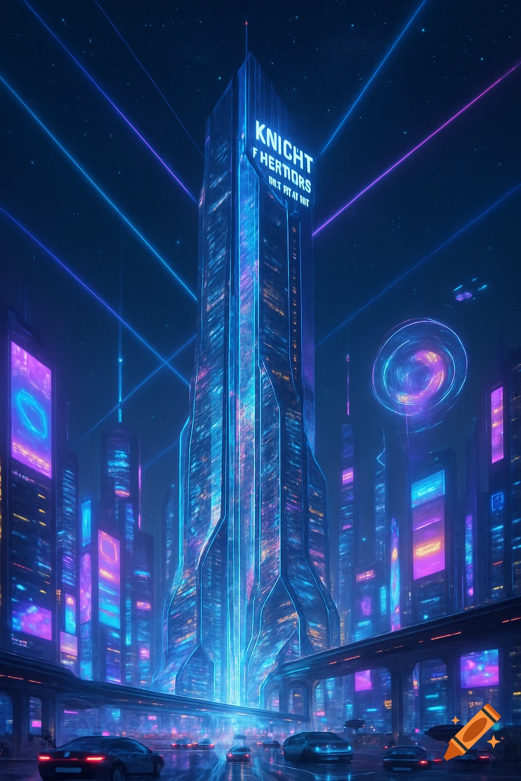 A vibrant, neon-lit futuristic cityscape at night with towering skyscrapers, glowing signs, and cars on an elevated highway.