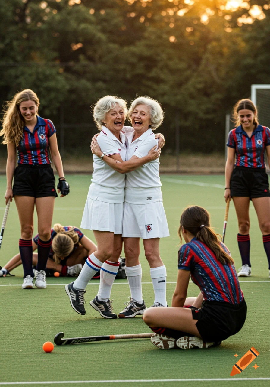Two elderly women in white field hockey uniforms embrace and laugh on a green field, while younger women in striped shirts and black shorts stand or sit around them during sunset.