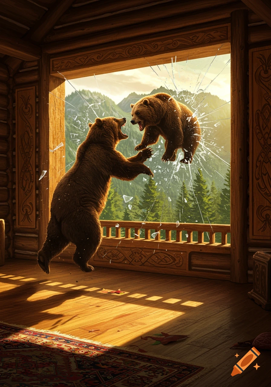 A brown bear throws another bear through a shattered window of a rustic wooden cabin, revealing mountains and a forest.