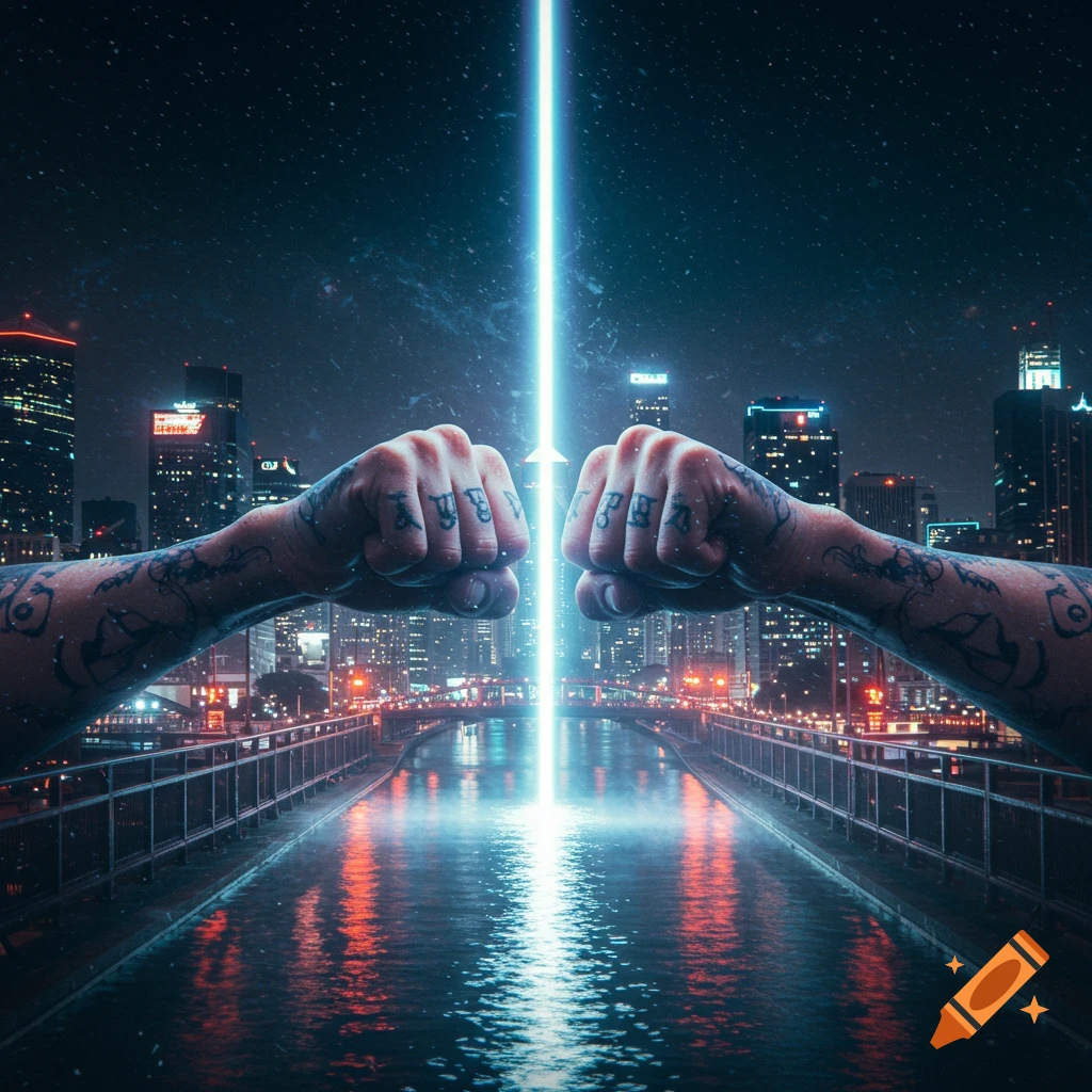 Two tattooed fists meet above a futuristic cityscape at night, divided by a glowing blue light beam. Wet street reflects city lights.