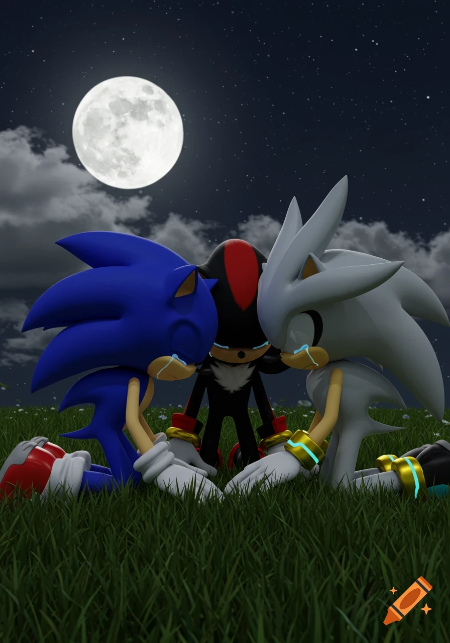 3D animated Sonic, Shadow, and Silver the Hedgehogs crying together in a field at night under a full moon.