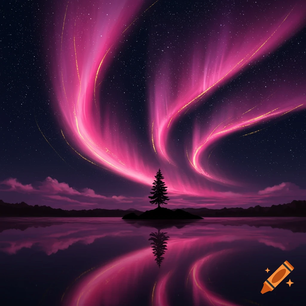 Vibrant pink aurora borealis with golden streaks reflecting over a calm lake, silhouetting a lone pine tree on an island under a starry night sky.