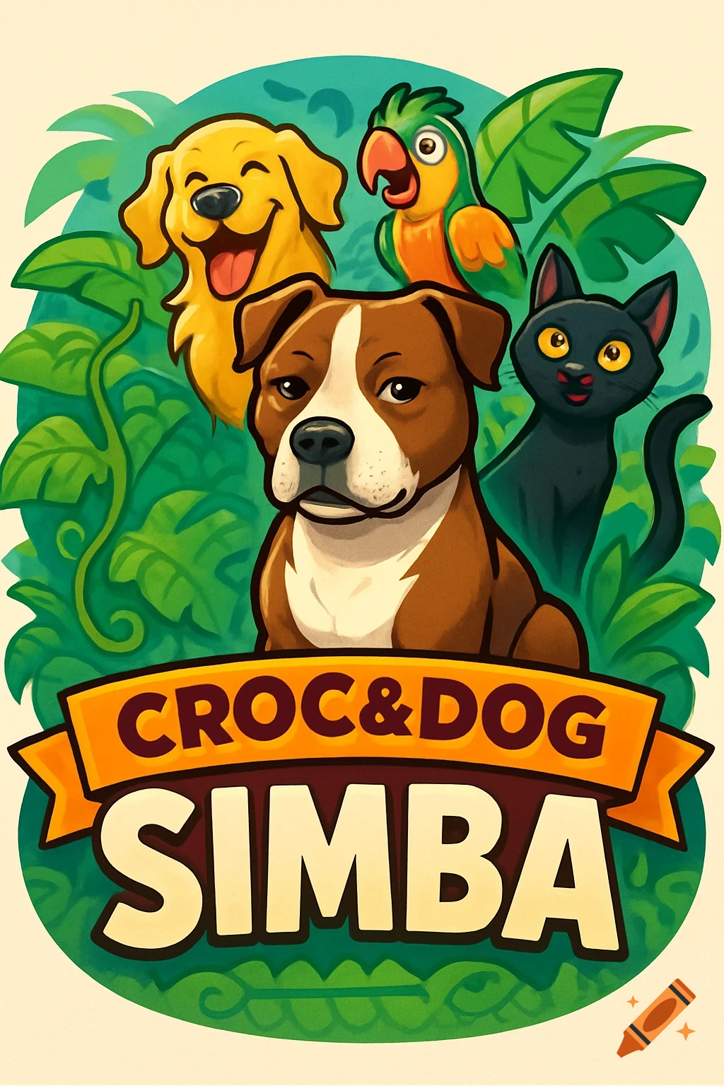 Cartoon logo with a brown and white dog, golden retriever, parrot, black cat in jungle foliage. Text reads 'CROC&DOG SIMBA'.