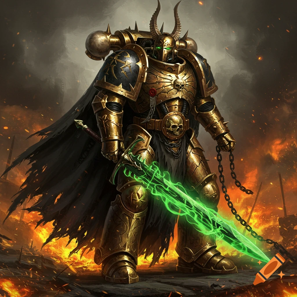 A heavily armored Chaos Space Marine in gold and black armor with a tattered cloak wields a glowing green power sword amidst burning debris.