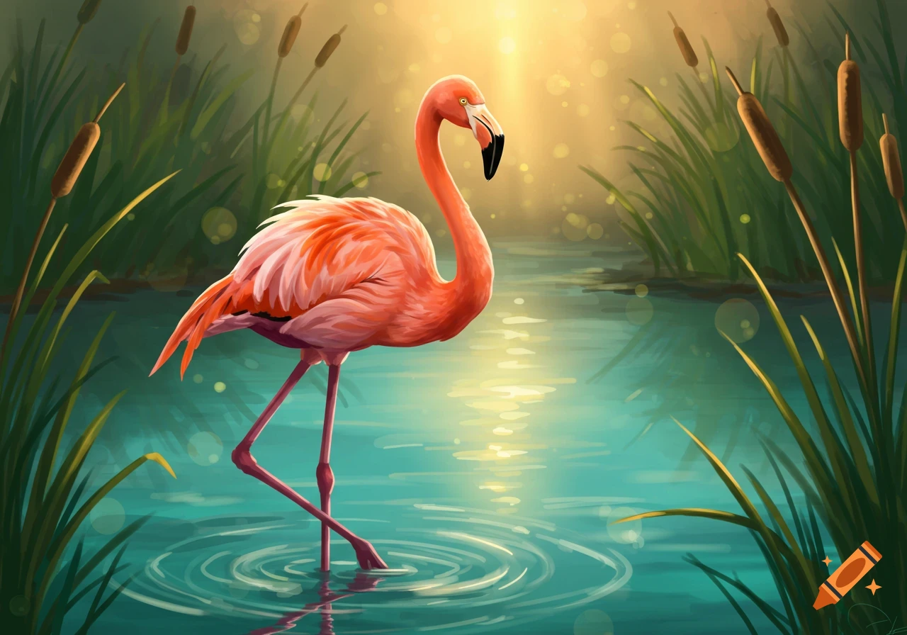 A vibrant pink flamingo stands in clear blue water, surrounded by green reeds, under a bright, sunny glow.
