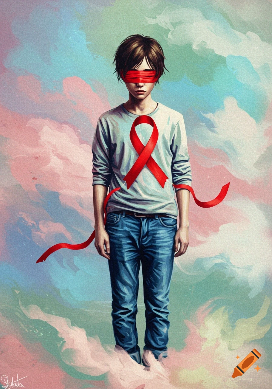 A blindfolded person with a red ribbon on their chest stands against a pastel, abstract painted background.