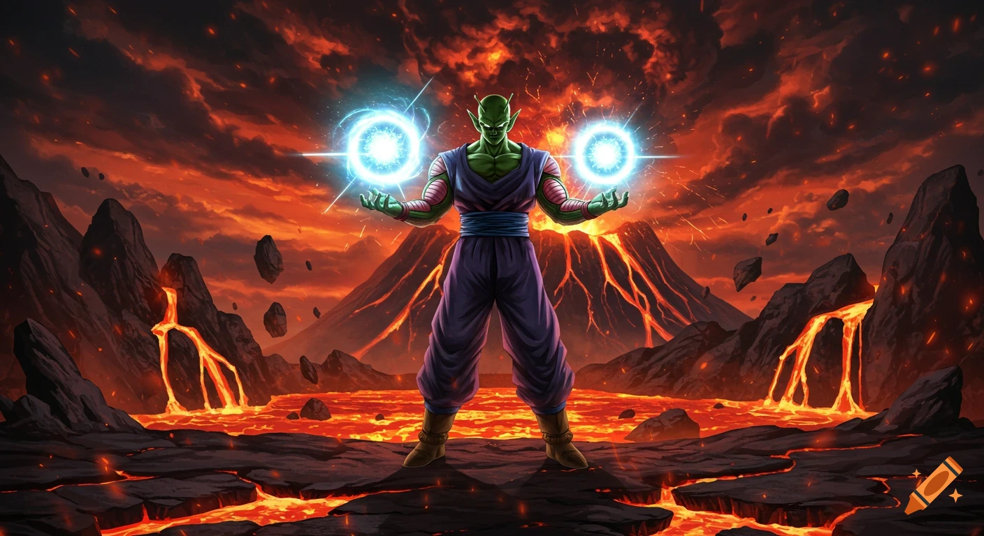 Piccolo from Dragon Ball charges energy spheres in his hands, standing in a dramatic volcanic landscape with lava flows and dark, fiery clouds.