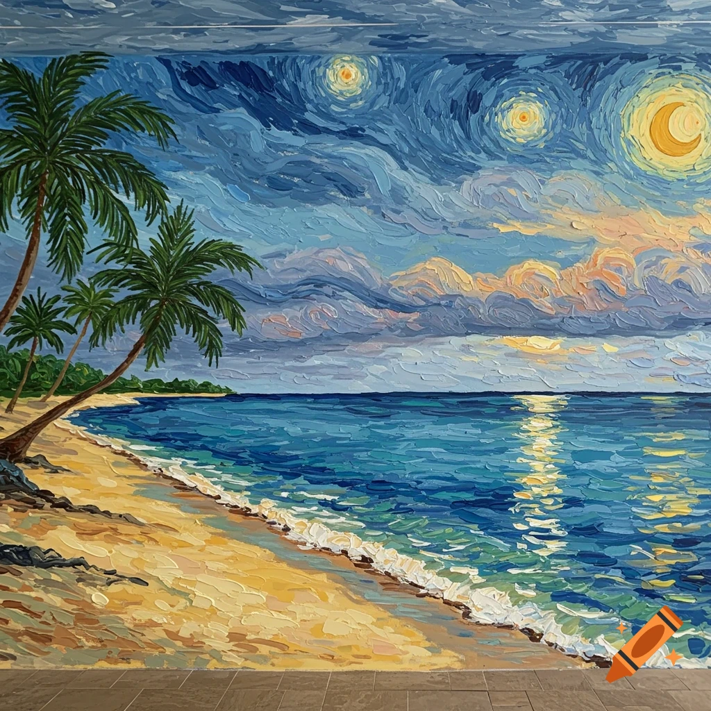 Van Gogh style painting of a tropical beach with palm trees, a vibrant ocean, and a dramatic swirling sky.