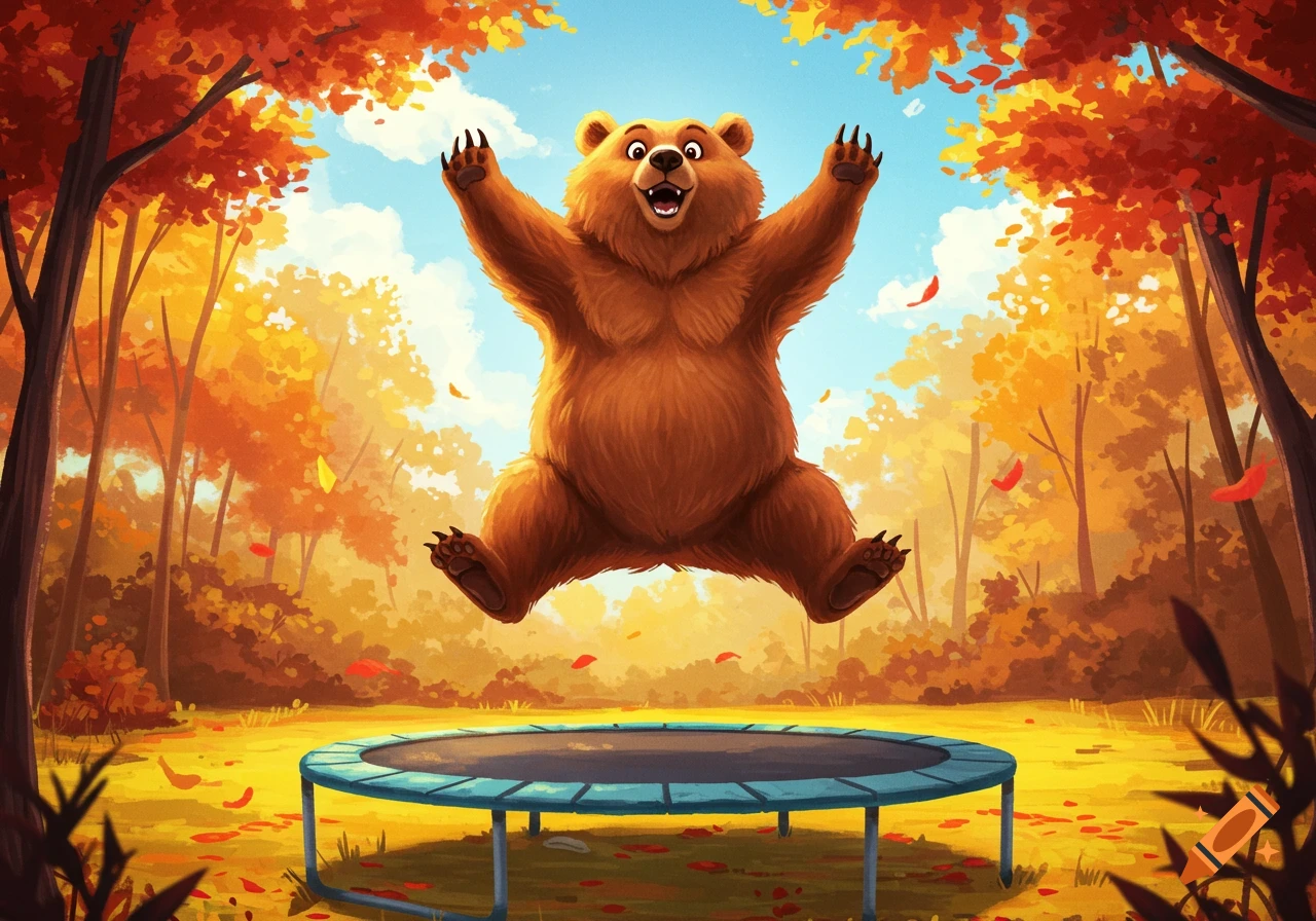 A happy cartoon bear jumps high over a trampoline in a vibrant autumn forest, with leaves falling.
