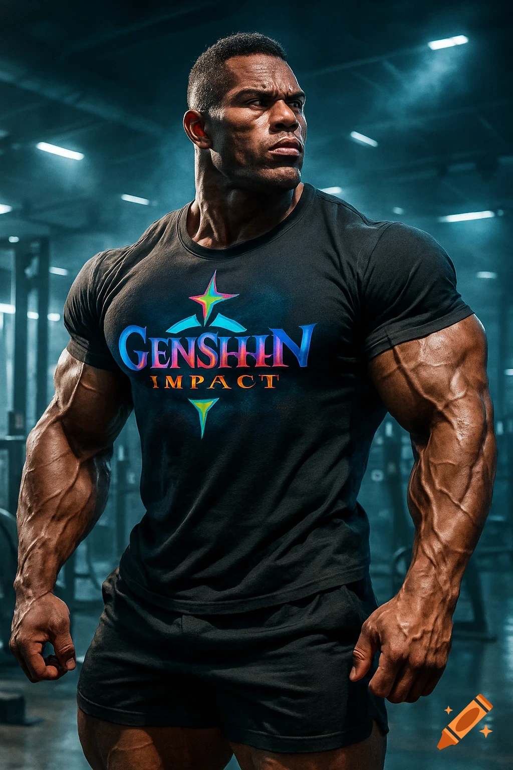 Muscular bodybuilder in a gym, wearing a black Genshin Impact t-shirt and shorts, looking intently to the right.