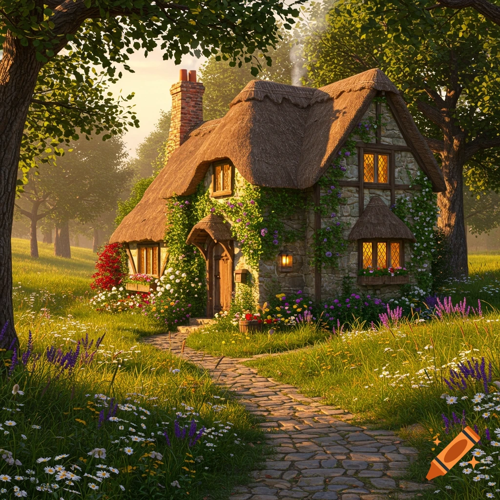 Charming stone cottage with thatched roof, covered in vines and flowers, sits in a lush green meadow with a winding cobblestone path.